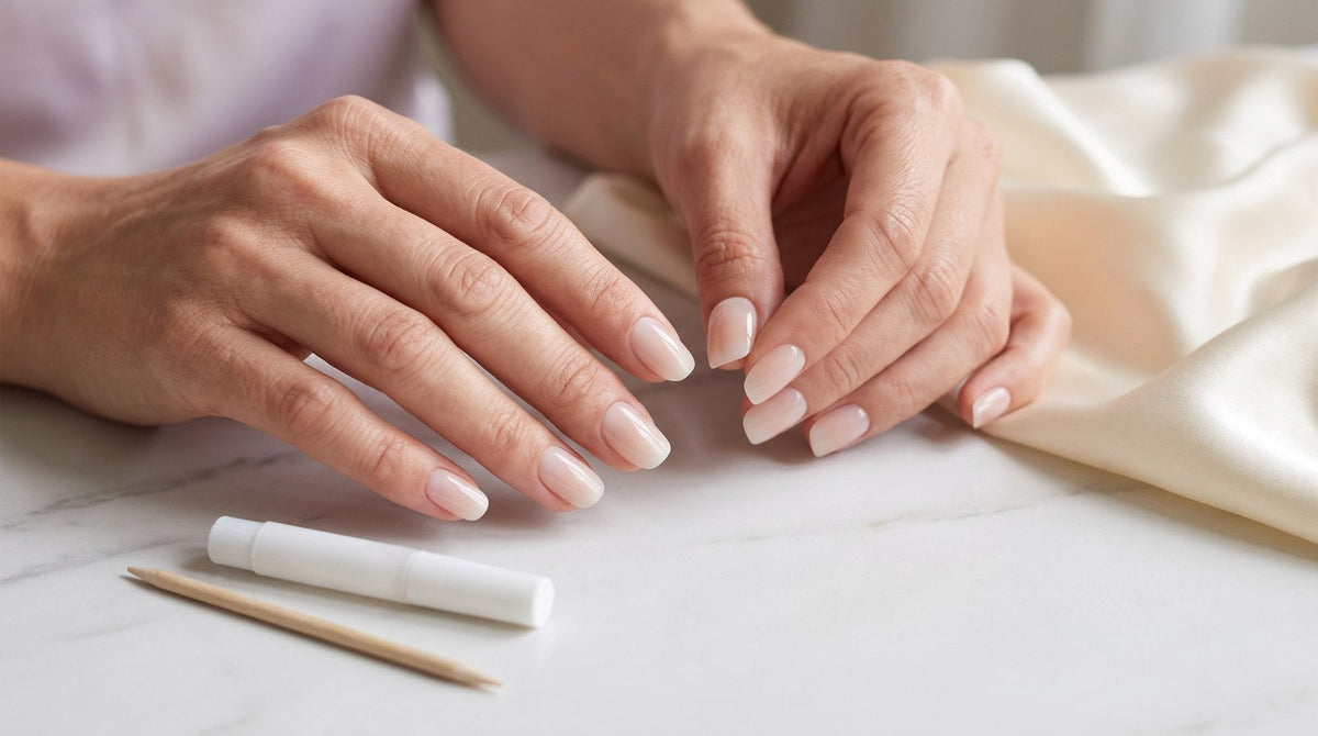 Pose d'un press-on nail nude sur l'annulaire, colle et bâtonnet à côté