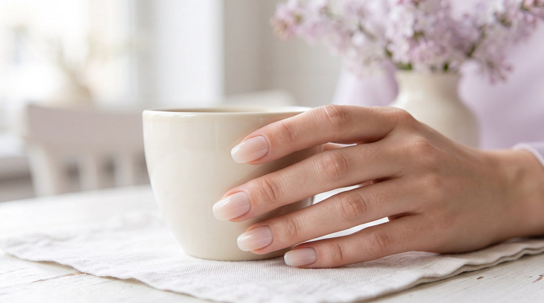 Main tenant une tasse de café avec des press-on nails nude intacts