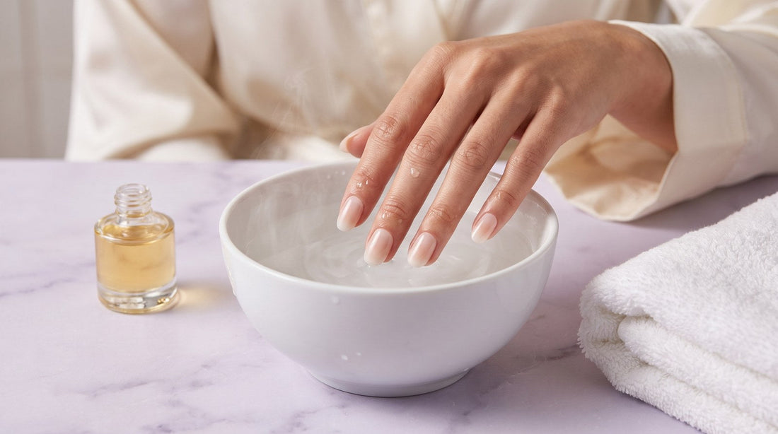 Main trempée dans un bol d'eau chaude pour retirer des press-on nails