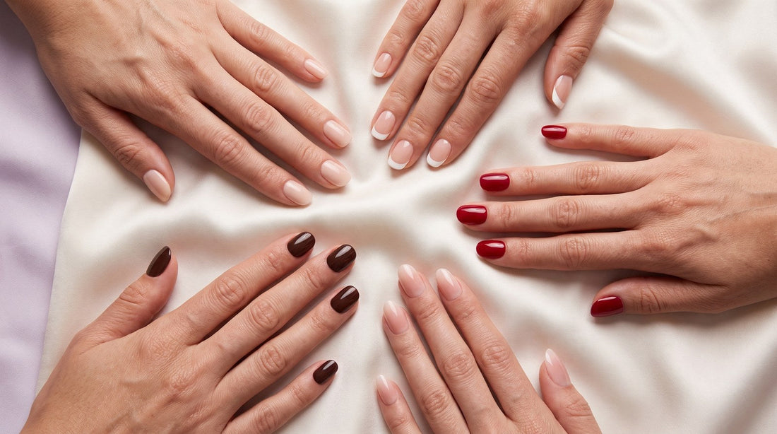 Cinq mains en cercle avec des press-on nails nude, french, rouge, marron et rose ombré