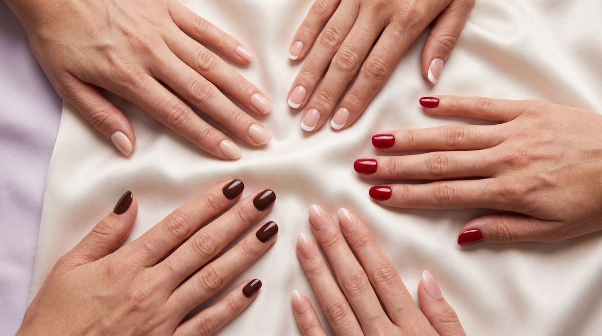 Cinq mains en cercle avec des press-on nails nude, french, rouge, marron et rose ombré