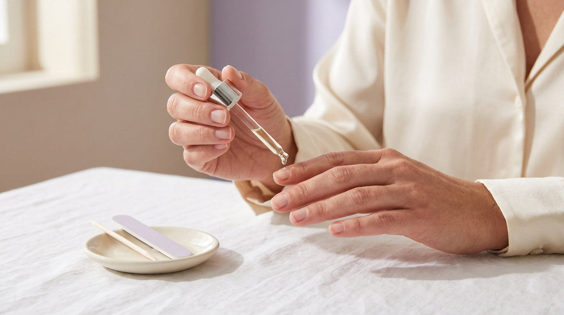 Application d'une goutte d'huile pour cuticules sur des ongles naturels courts