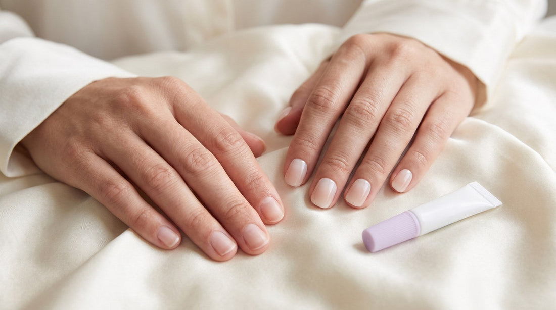 Mains aux press-on nails nude courts posées sur du lin crème, tube de colle à côté