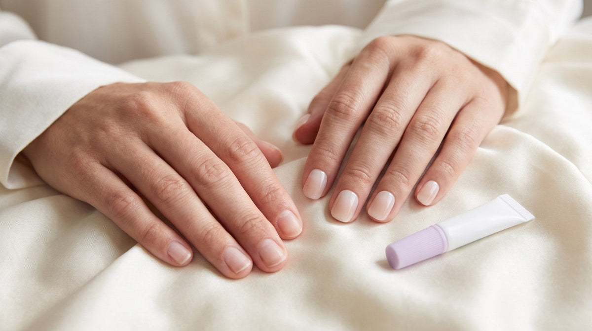 Mains aux press-on nails nude courts posées sur du lin crème, tube de colle à côté