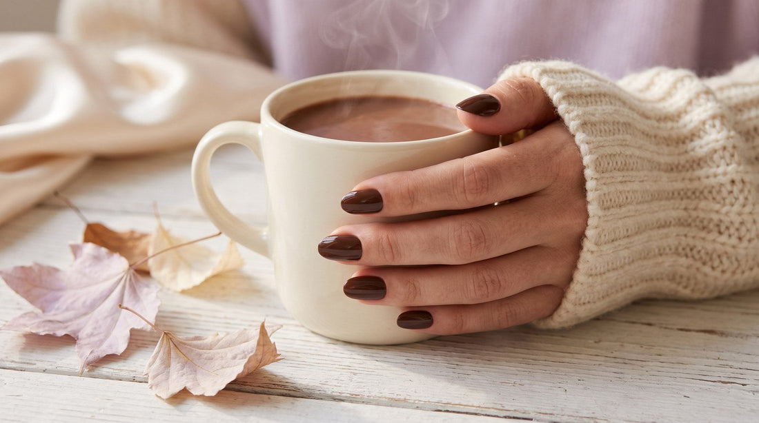 Main aux press-on nails marron chocolat tenant une tasse, pull en maille crème